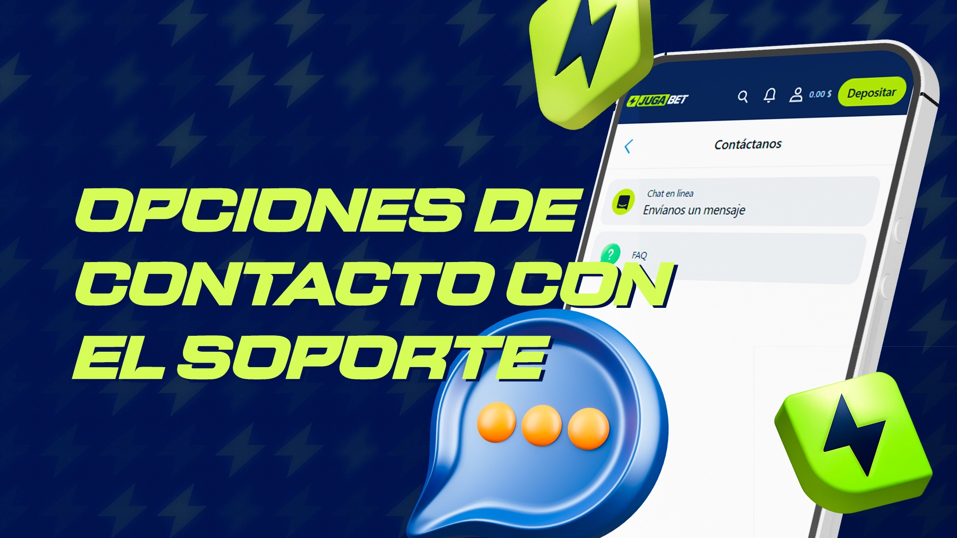 Interfaz del panel de soporte de Jugabet mostrando opciones de chat, email y teléfono